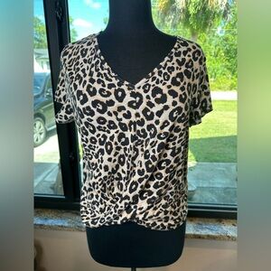 Sanctuary Black White Animal Print Tie Front Short Sleeve Blouse Size Large